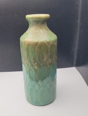 Art Pottery Vase Studio Hand Crafted Signed Green, Blue & Yellow